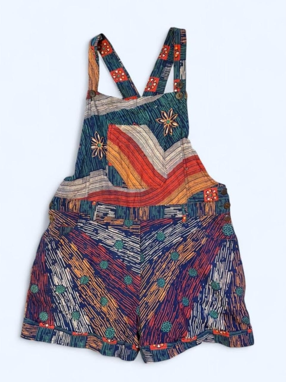 Jayli Multicolor Printed Short Overalls in Blue, Red, Orange
